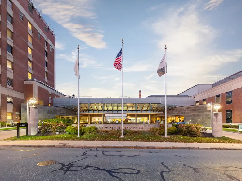 The main entrance of Newport Hospital at dusk